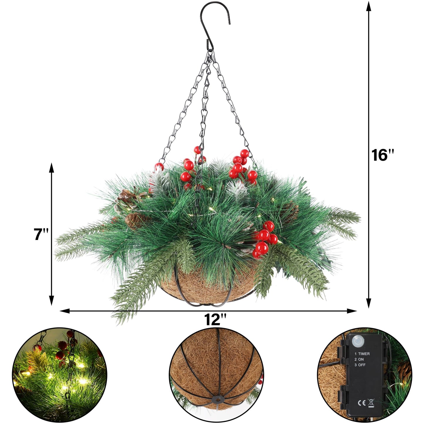 winemana Pre-Lit Artificial Christmas Hanging Basket Outdoor Decoration with Pine Cones & Red Berry Clusters, Battery Powered with Timer Lighted Branches Faux Plants for Outside Porch Front Door