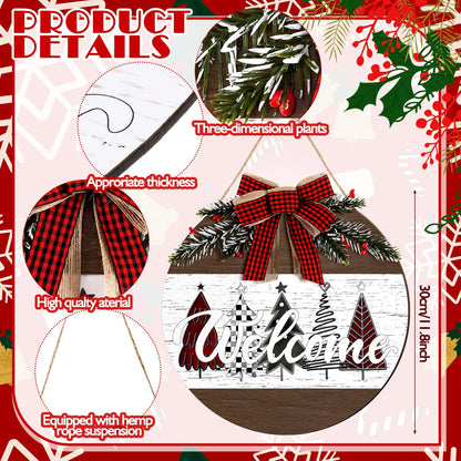 Boao Christmas Door Wreath Merry Christmas Welcome Hanging Wall Sign for Front Door 11.8'' Round Xmas Tree Winter Wreath Wooden Porch Sign with Bow Porch Farmhouse Home Wall Decor(Novel)