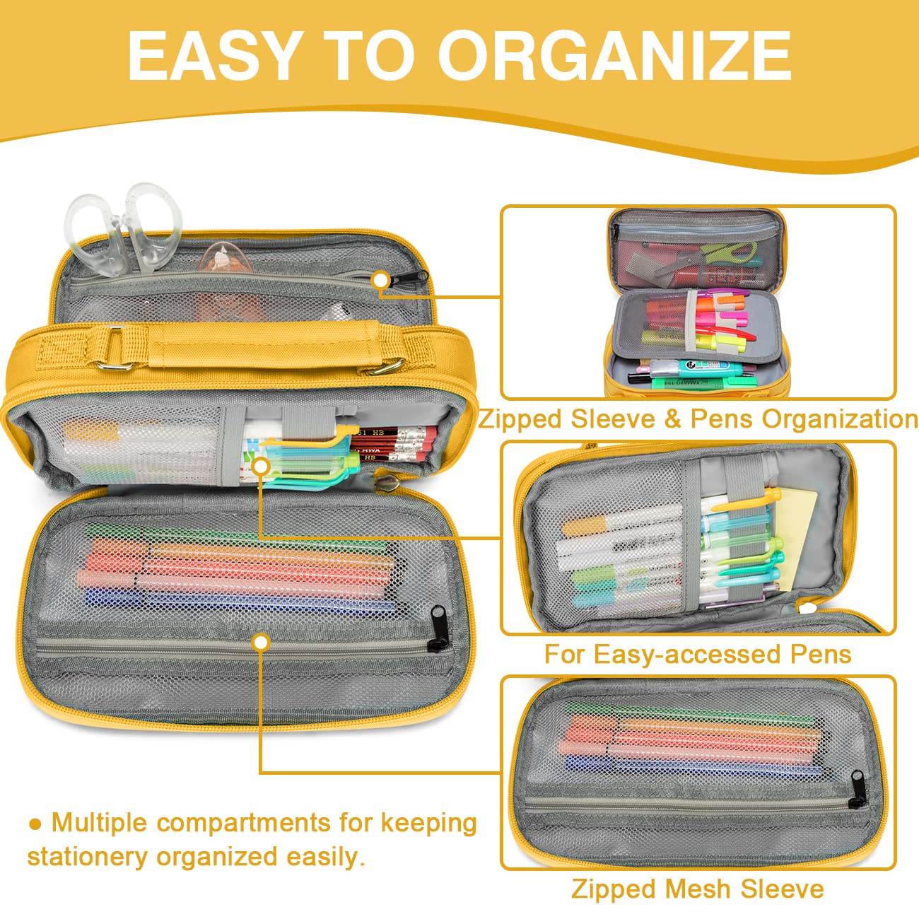VASCHY Pencil Case, Large Pencil Pouch with Compartments for Middle School,Work,Office Pen Organizer Holder School Supply Yellow