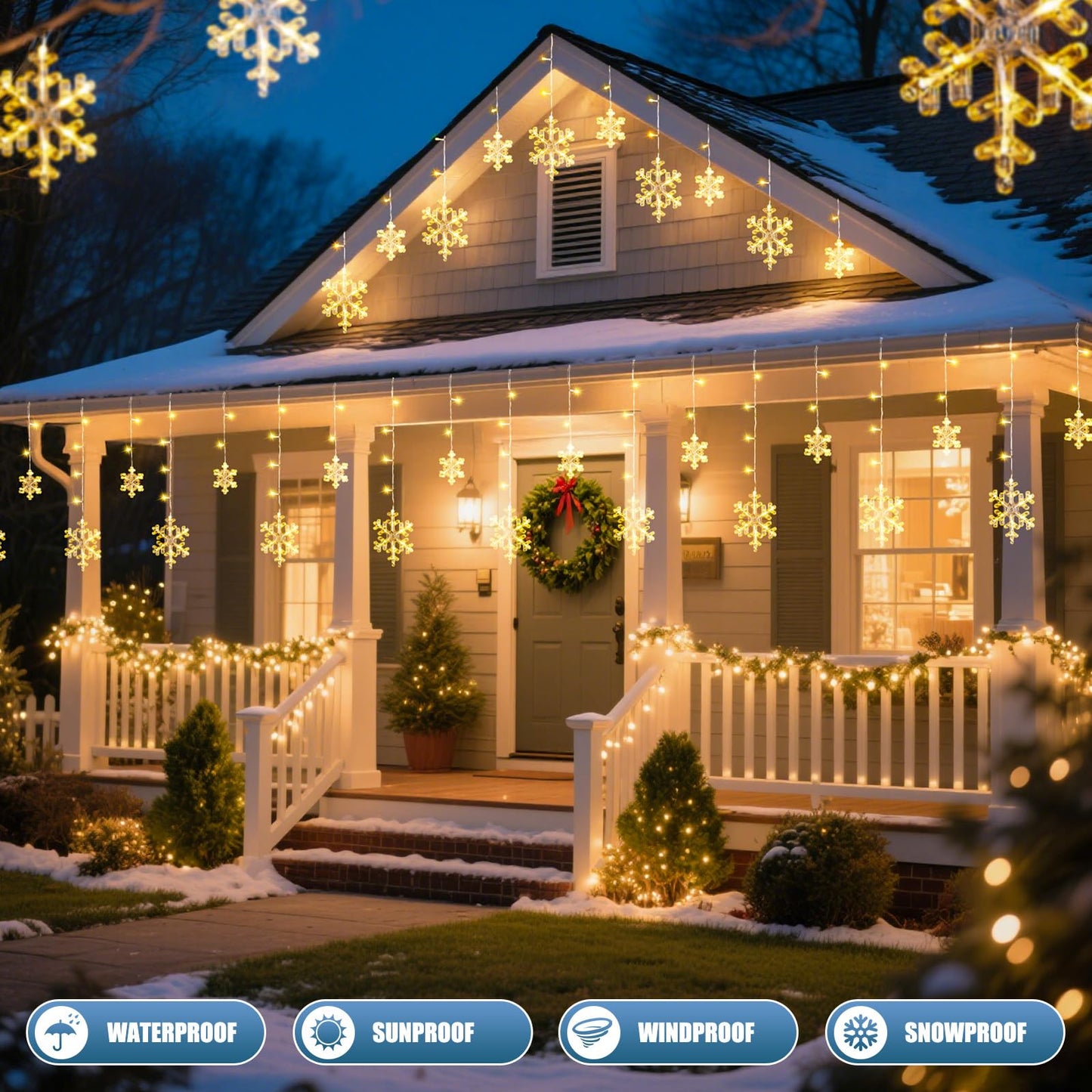 Minetom Christmas Snowflake Lights - 13ft 192LED Snowflake Icicle Lights with 16 Drops, 12 Modes and Timer, IP65 Waterproof Connectable Christmas Light for House Eave Indoor Outdoor (Warm White)