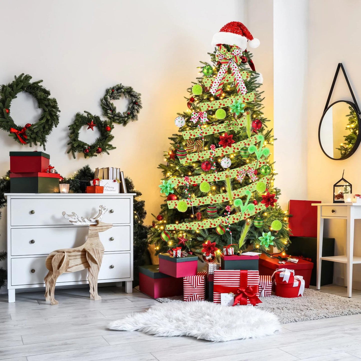 Halfchet 43 Pcs Christmas Tree Hanging Decorations Xmas Tree Ornaments Holiday Mini Pendants Ribbon Candy Red White and Green Hanging Ornaments for Party Decoration