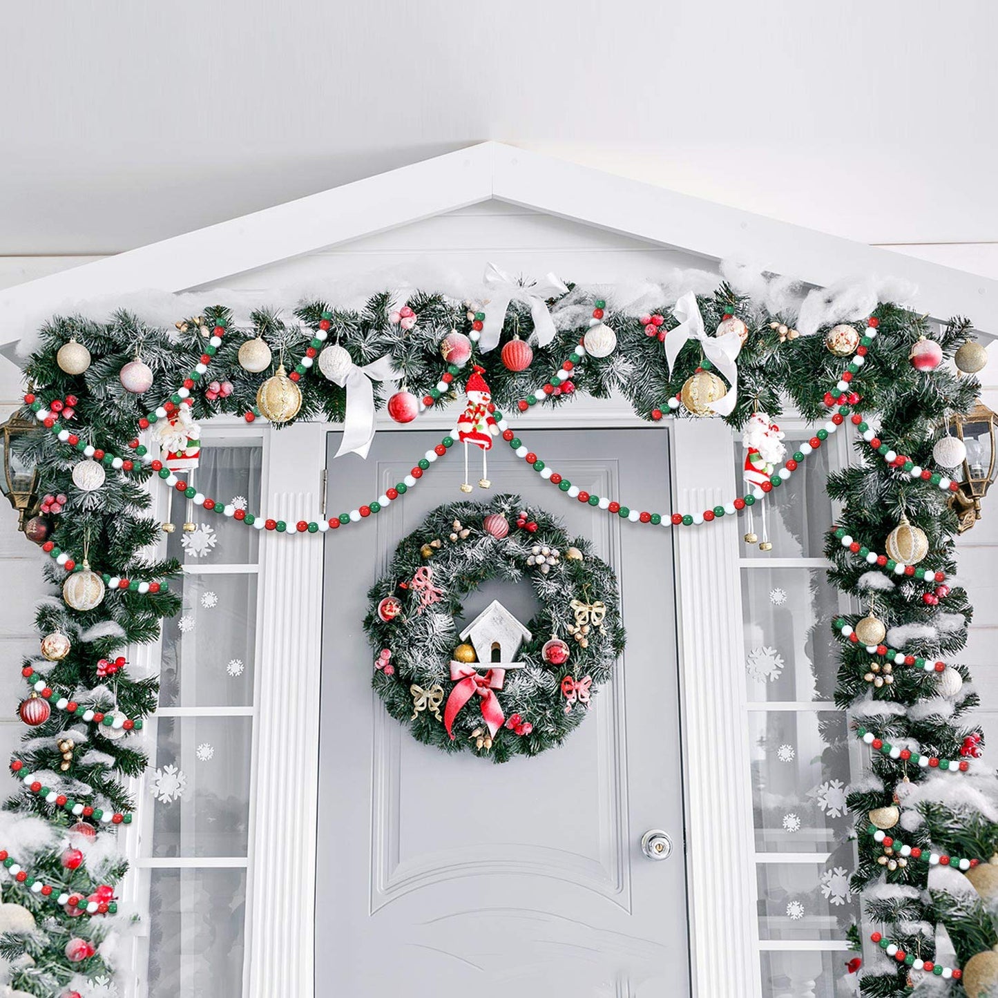 Hicarer 16 Feet Christmas Wooden Bead Garland Christmas Wood Bead Garland Decor Xmas Candy Cane Decoration Farmhouse Rustic Tree Decoration for Holiday Party(Mixed Red, White, Green)