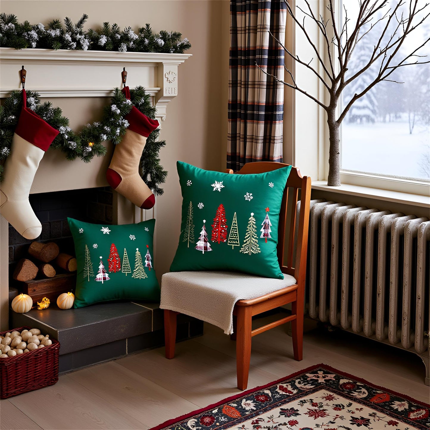 Tosleo Christmas Embroidery Throw Pillow Covers 20 x 20 inch Set of 2 Christmas Decor Velvet Pillowcases Forest Green Xmas Trees Cushion Pillow Cases Soft Square Holiday Pillowcase