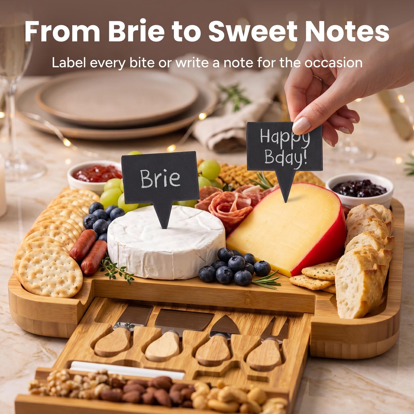 SMIRLY Charcuterie Large Bamboo Cheese Board Set for Serving - House Warming Gifts for New Home, Wedding, Bridal Shower & Birthday, for Women