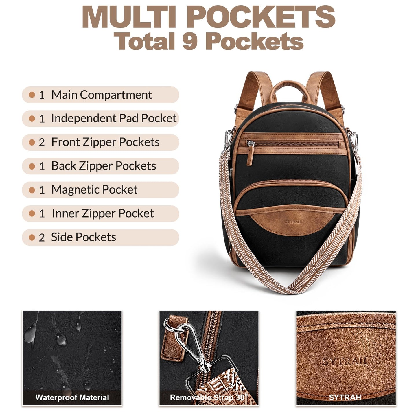 SYTRAH Small Backpack Purse for Women, Mini Backpack Vegan Leather with RFID Blocking & Tablet Pocket, Cute Shoulder Handbag for Travel, School & Work Black Brown