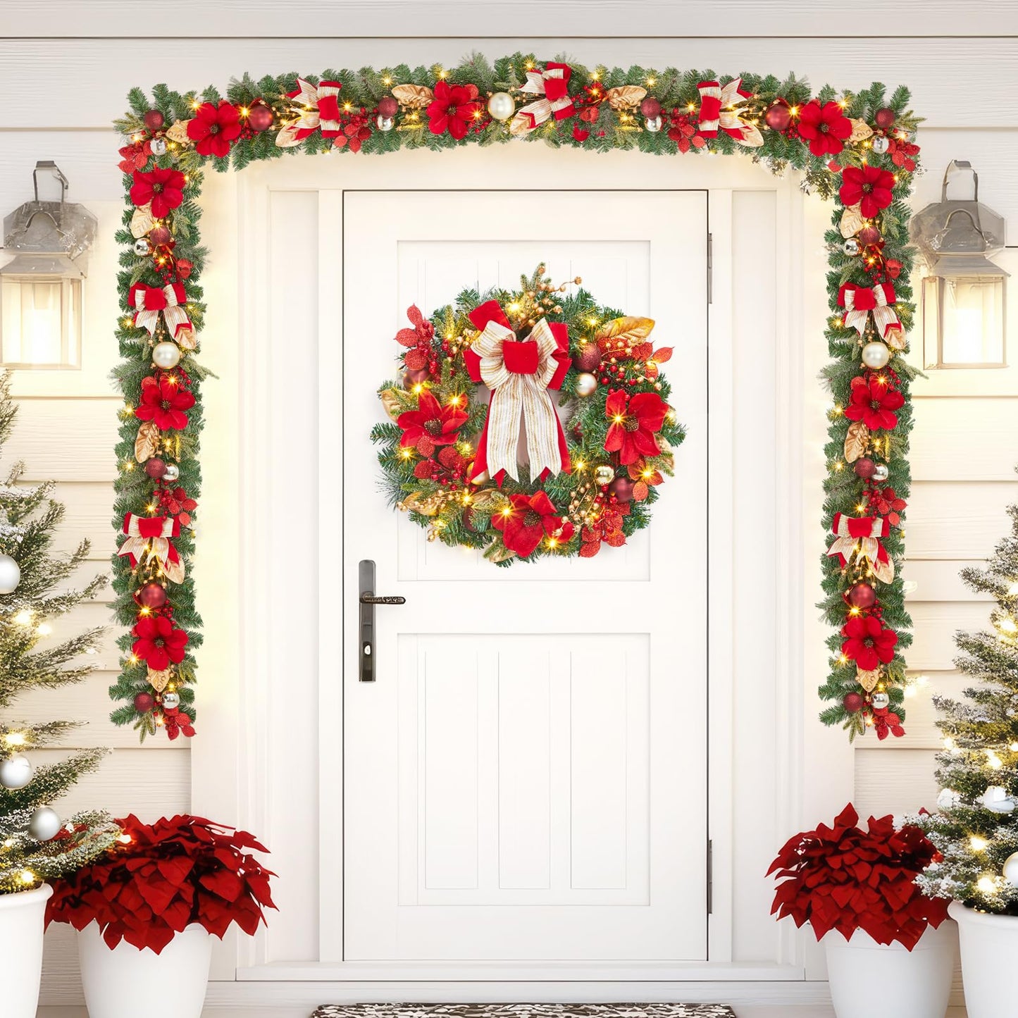 GarveeHome Christmas Wreath, 24 in Artificial Pre-Lit Christmas Wreaths for Front Door with 20 LED Lights & 8 Modes, Pine Needles & Red Berries, Accent Decor for Winter Holiday Home Office Apartment
