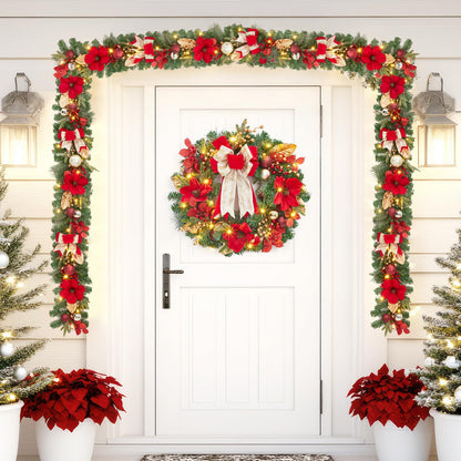 GarveeHome Christmas Wreath, 24 in Artificial Pre-Lit Christmas Wreaths for Front Door with 20 LED Lights & 8 Modes, Pine Needles & Red Berries, Accent Decor for Winter Holiday Home Office Apartment