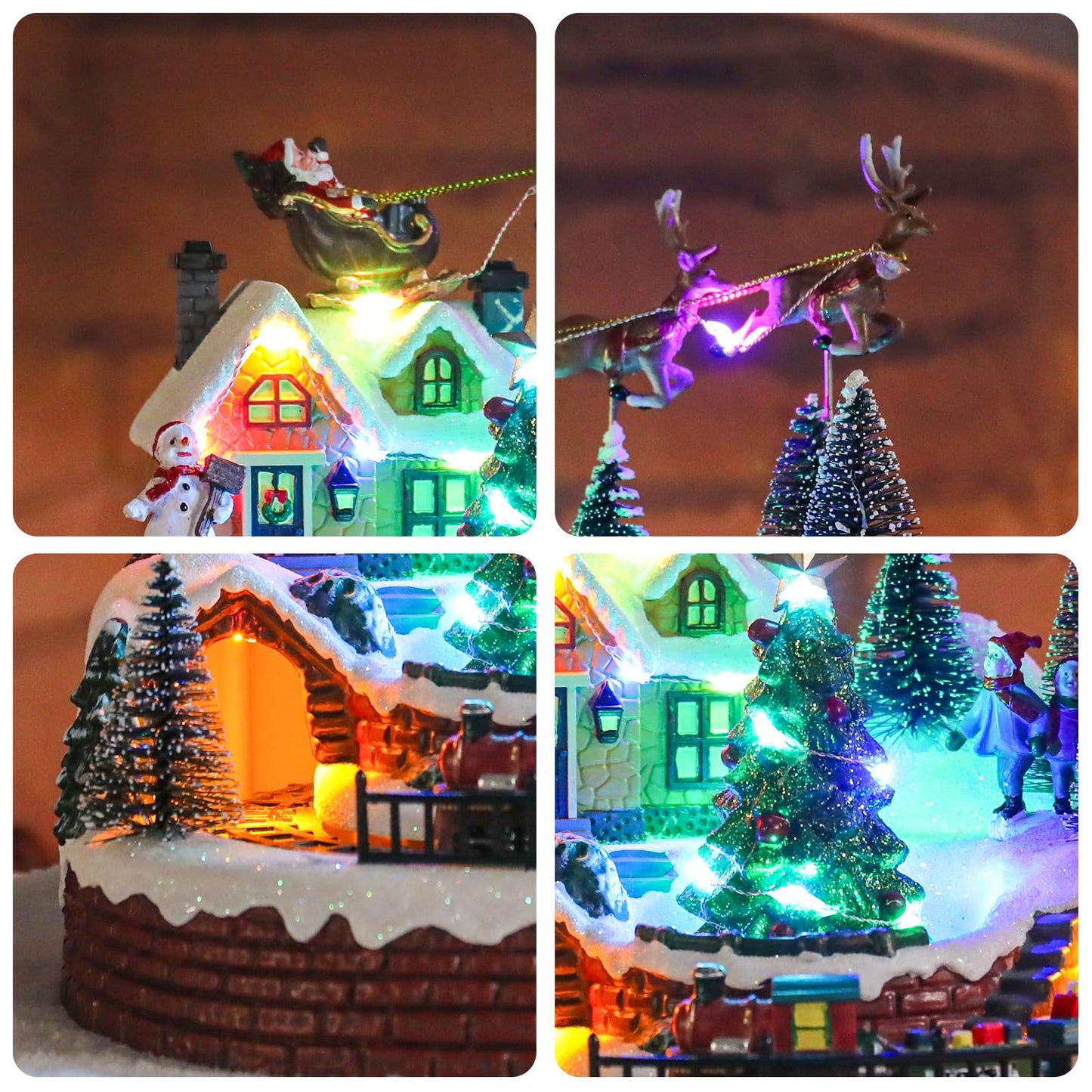 Vipush Christmas Village House Decorations Resin Train Set with Flying Santa Home Decor Indoor Building Figurines Revolving Train with LED Light and 8 Christmas Music for Kids