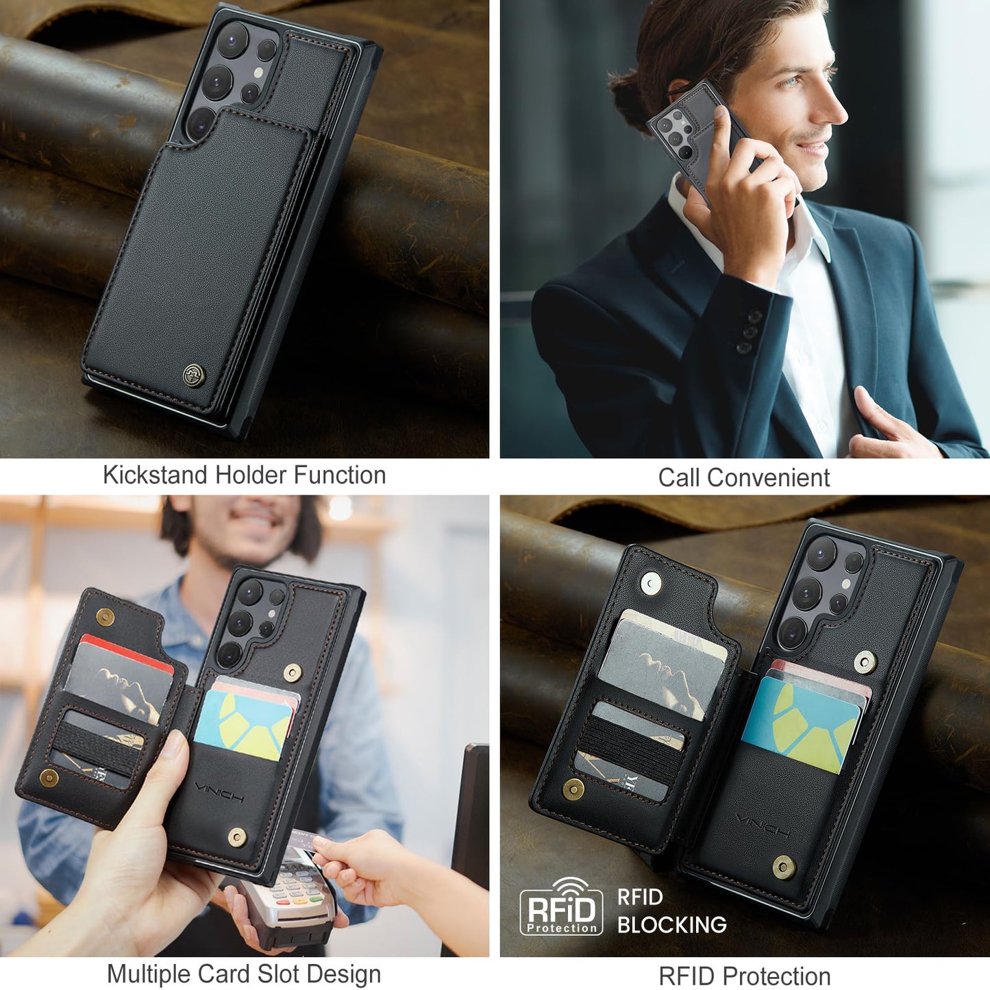 Vinich for Samsung Galaxy S24 Ultra Wallet Case with Card Holder, RFID Blocking Credit Slots Kickstand Shockproof Phone Cover Fit for Galaxy S24 Ultra 6.8" Black