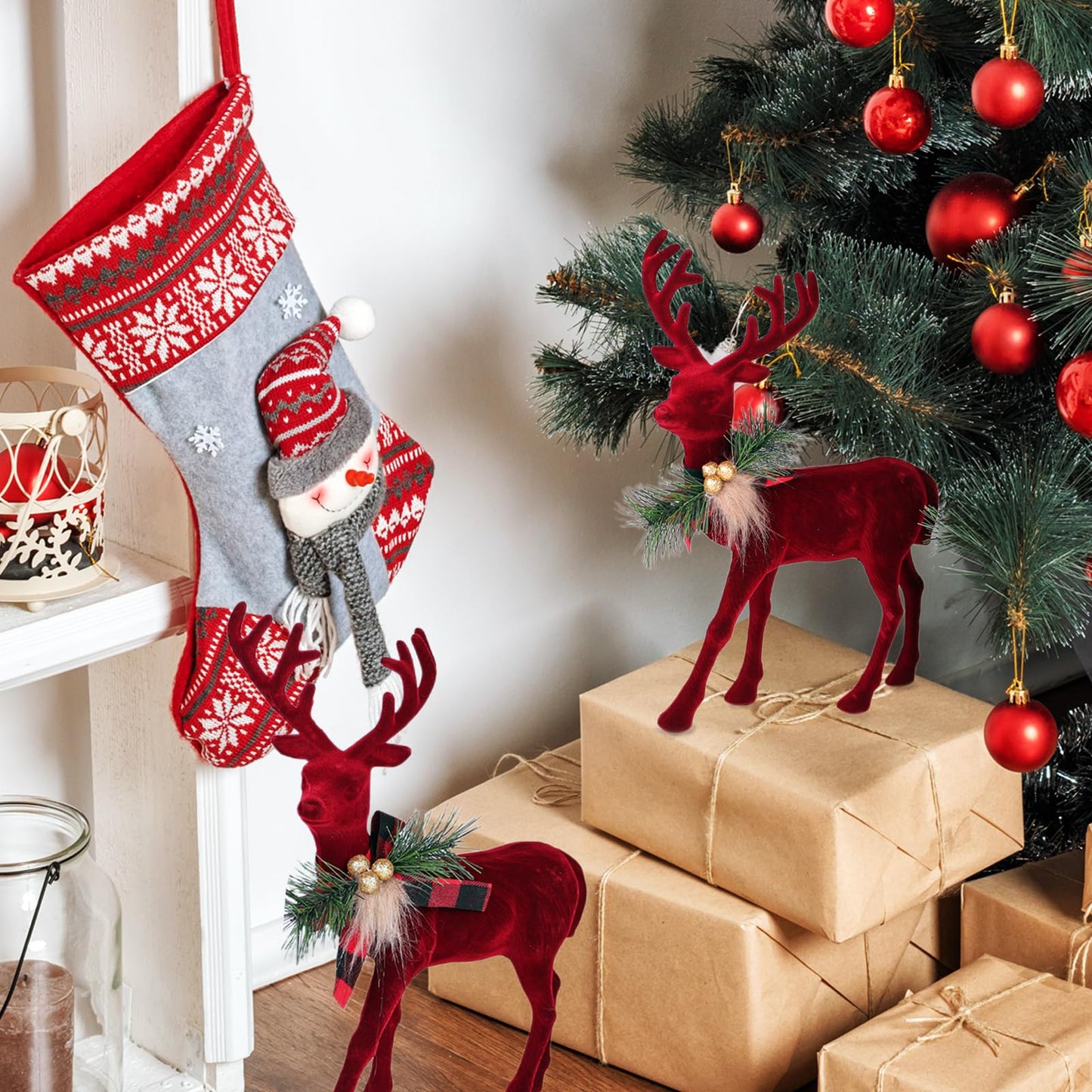 Lotus Hills 2 pcs Reindeer Christmas Decorations, Flocking Christmas Reindeer Figurines with Red Buffalo Plaid Bow, Deer décor Christmas Table Centerpieces Decorations