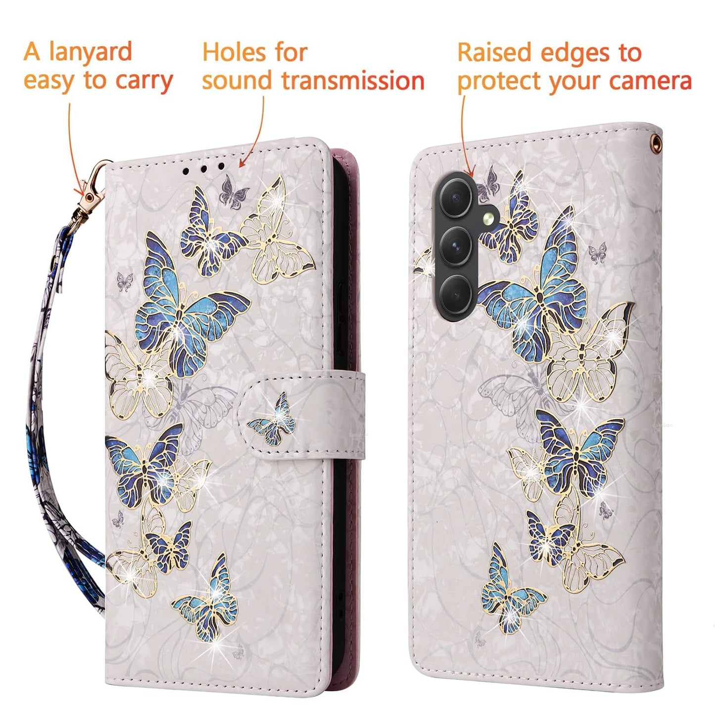 UEEBAI Wallet Case for Samsung Galaxy S25 Plus 5G, PU Leather Phone Case Kickstand RFID Blocking Flip Case Card Slots Wrist Strap Relief Engraved Pattern Magnetic Closure Flower Case, Blue Butterfly