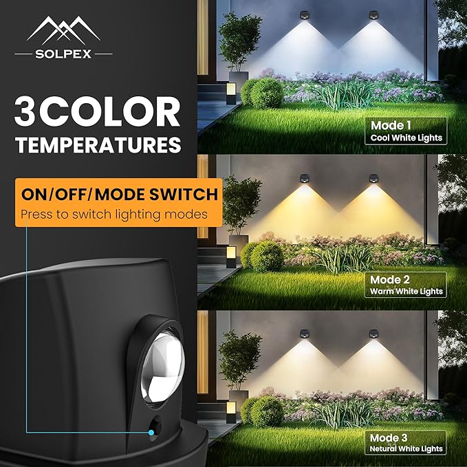 SOLPEX Solar Lights Outdoor Waterproof IP65, Solar Stair Lights Outdoor for Fence, Deck, Step, Dual Color LED 3 Lighting Modes House Wall Light for Porch, Backyard, Fence, Garden Decor-2 Pack