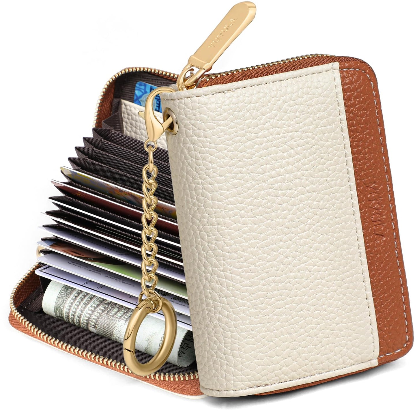 YUYULA Lether Women Credit Card Wallet, Zipper Business Card Holder for Women, RFID Blocking, KeyChain Wallet (Beige With Brown)
