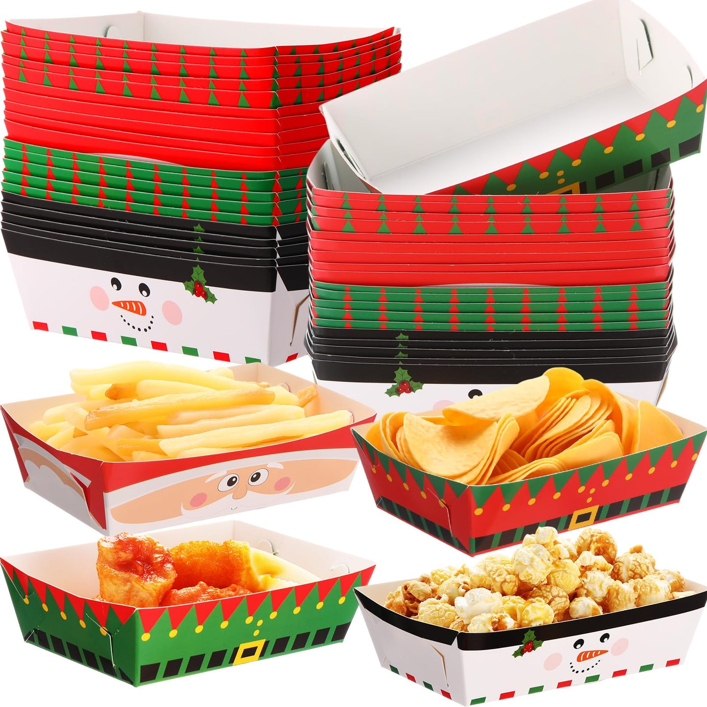 Dunzoom 48 Pcs Christmas Paper Food Trays Plates Disposable Christmas Movie Snack Trays Santa Elf Snowman Red Green Plates Nacho Hot Dog Serving Boat for Xmas Party Supplies Decoration (Style 1)