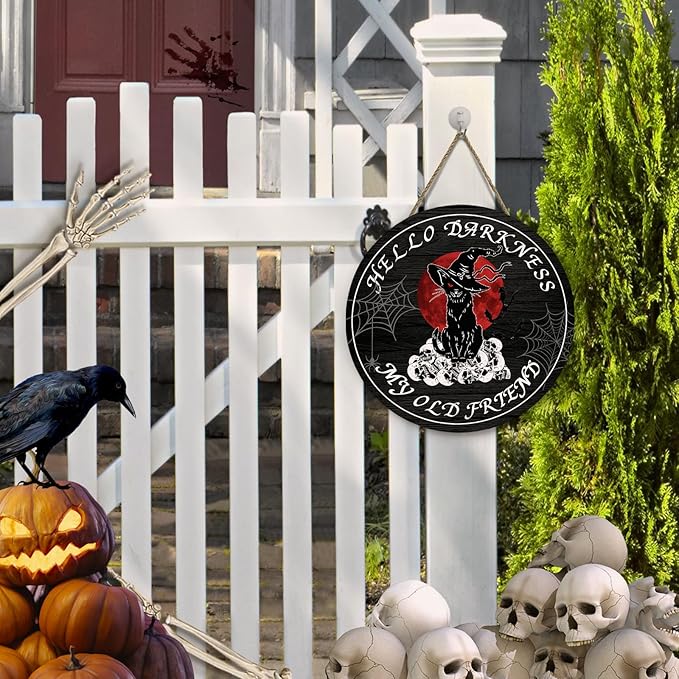 Halloween Black Cat Front Door Signs Hello Darkness My Old Friend Wooden Door Sign Skull Spiderweb Bat Wall Hangers Halloween Door Hanging Decorations for Home Door Porch