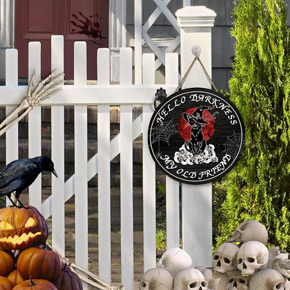 Halloween Black Cat Front Door Signs Hello Darkness My Old Friend Wooden Door Sign Skull Spiderweb Bat Wall Hangers Halloween Door Hanging Decorations for Home Door Porch