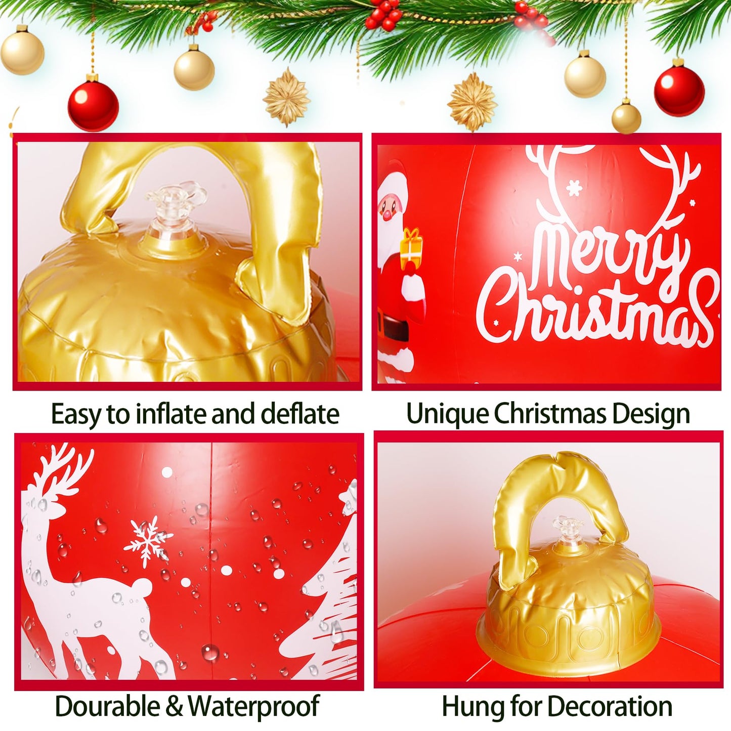 2PCS Christmas Inflatable Decorated Ball 24in Yard Inflatable Christmas Balls Giant Xmas Tree Ornaments PVC Blow up Yard Decorations for Outside Holiday Yard Lawn Porch Decor