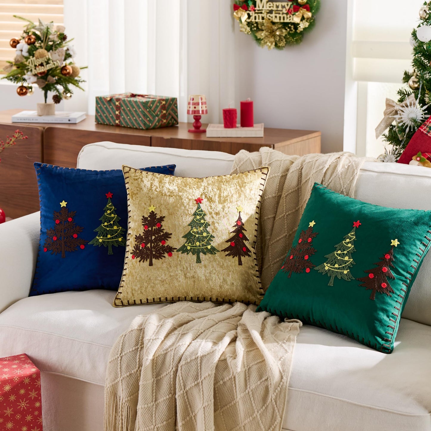 KINDREX Christmas Tree Throw Pillow Covers 18x18 Set of 2 Winter Holiday Decorative Emerald Green Embroidered Luxurious Soft Velvet Accent Pillowcase for Sofa Couch Bed Living Room Home Decor
