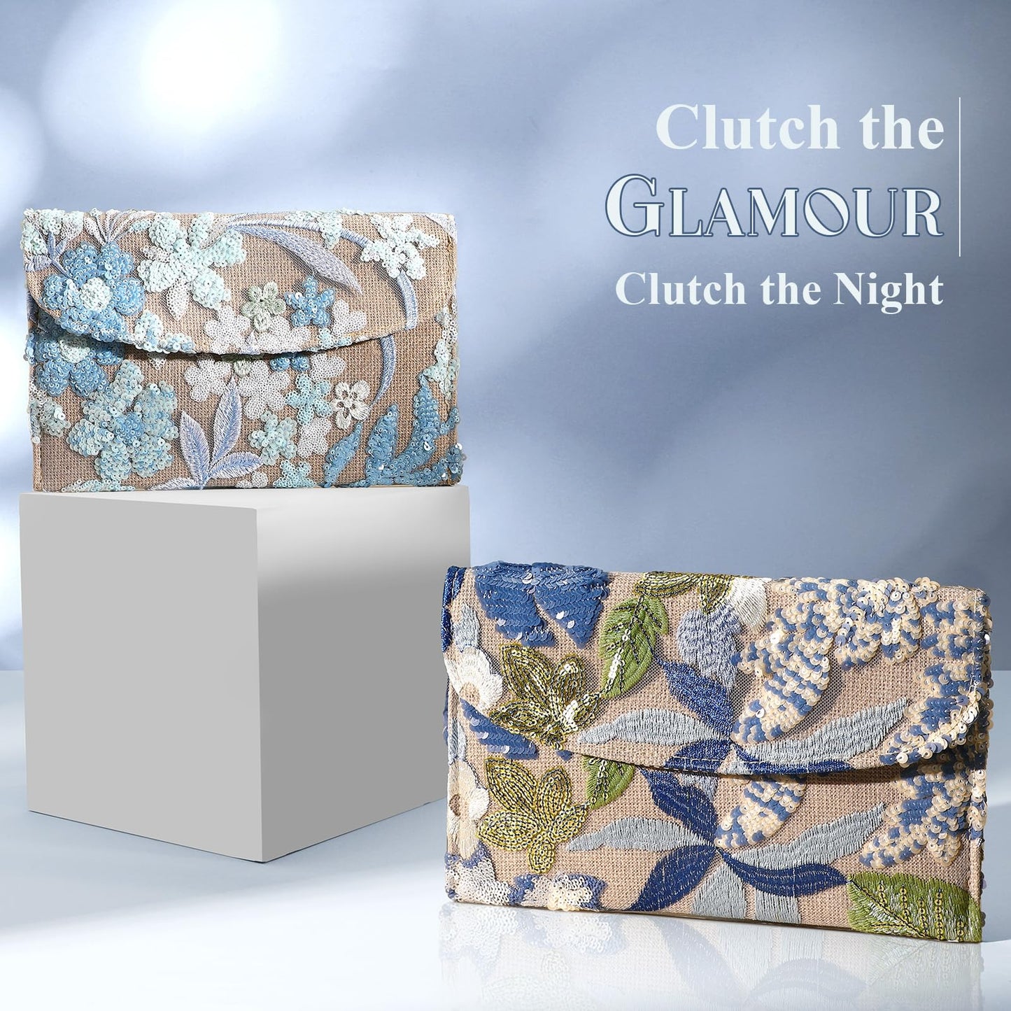 XquiziFit Floral Beaded Clutch Embroidery Sequin Beaded Purse Small Evening Clutch Purses for Women Blue Clutch