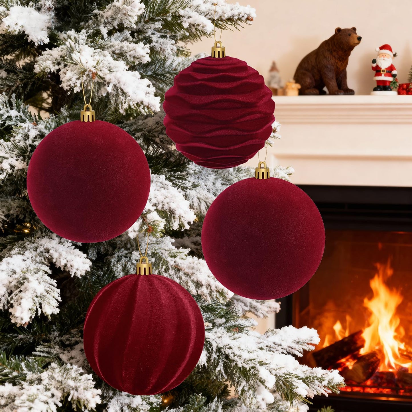 Artmag 4 PCS Large Velvet Christmas Balls Ornaments Shatterproof Hanging Set Flocked for Xmas Tree Holiday Party Decorations (Burgundy,4 Inch)