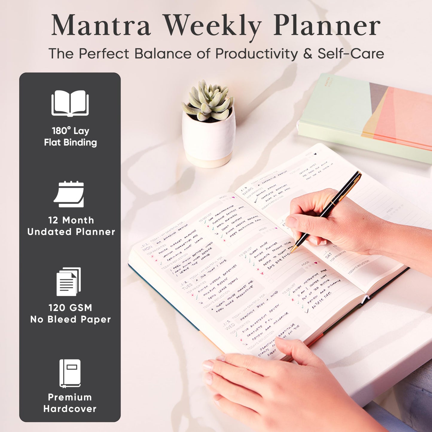Mantra Planner 2026 Planner, Daily Journal & Gratitude Journal All-In-One with To Do List, Self Care Prompts & Habit Tracker - 7 x 10 - Black