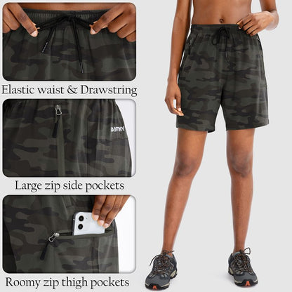 SANTINY Women's 5''/ 7''/9'' Hiking Cargo Shorts Quick Dry Lightweight Summer Shorts for Women Athletic Golf Zipper Pockets(Green Camo_M)