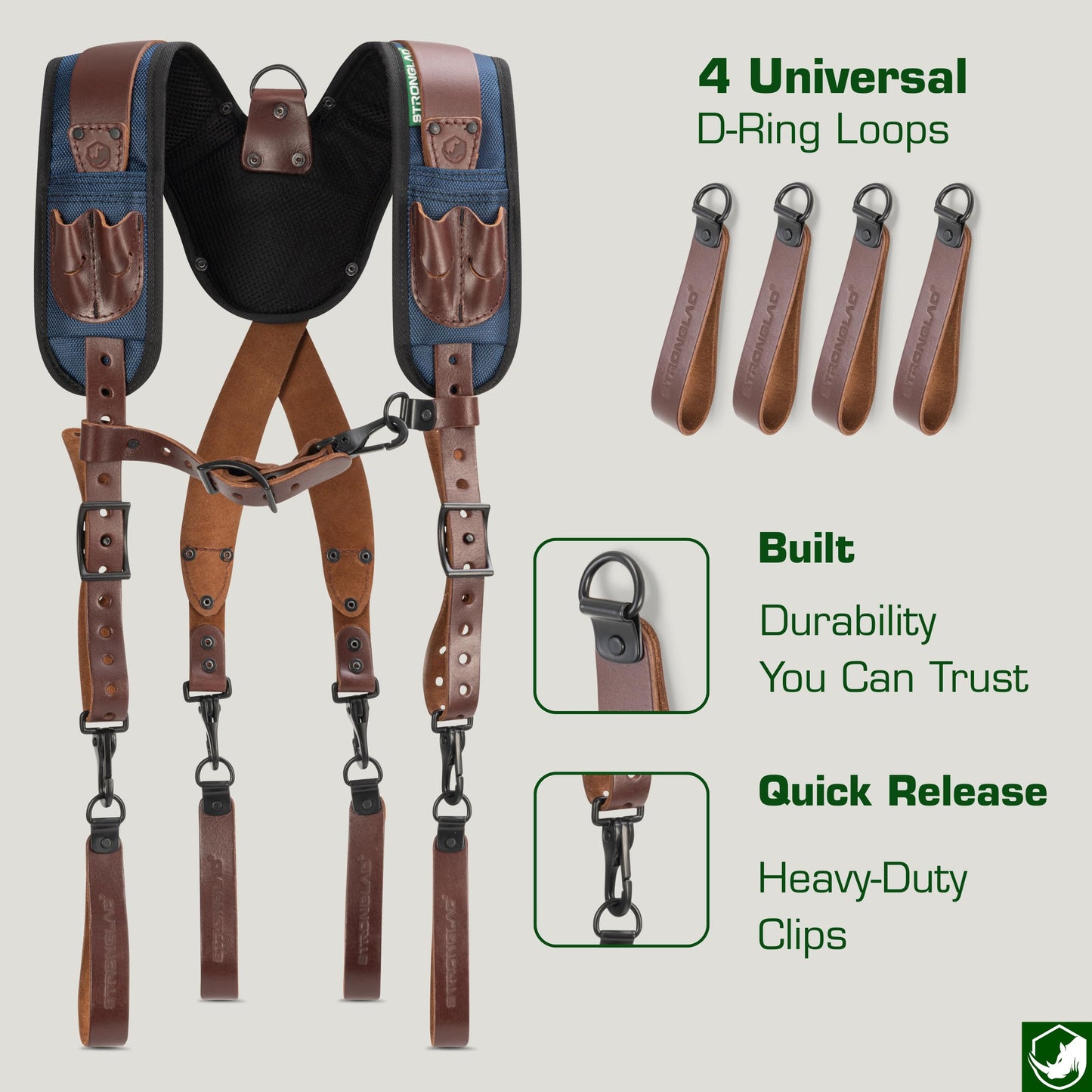 STRONGLAD Tool Belt Suspenders - Full-Grain Leather, 1680D Nylon, Padded Shoulder Straps, Adjustable Heavy-Duty Construction Support