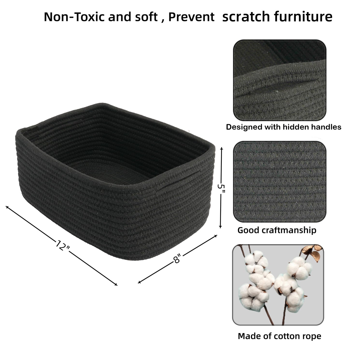 XUANGUO Small Woven Storage Baskets 12“X8”X5“ Decorative Rope Bins for Organizing Shelves, Closets, and Toys, Empty Gift Baskets, Cute Organizer Basket for Home and Office (black, regular)