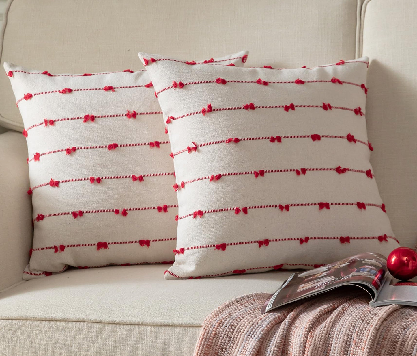 Caflife Boho Christmas Throw Pillow Covers 18x18 inches Beige and Red, Set of 2 Modern Farmhouse Christmas Decorations Pillow Covers for Couch Sofa Bed, Living Room