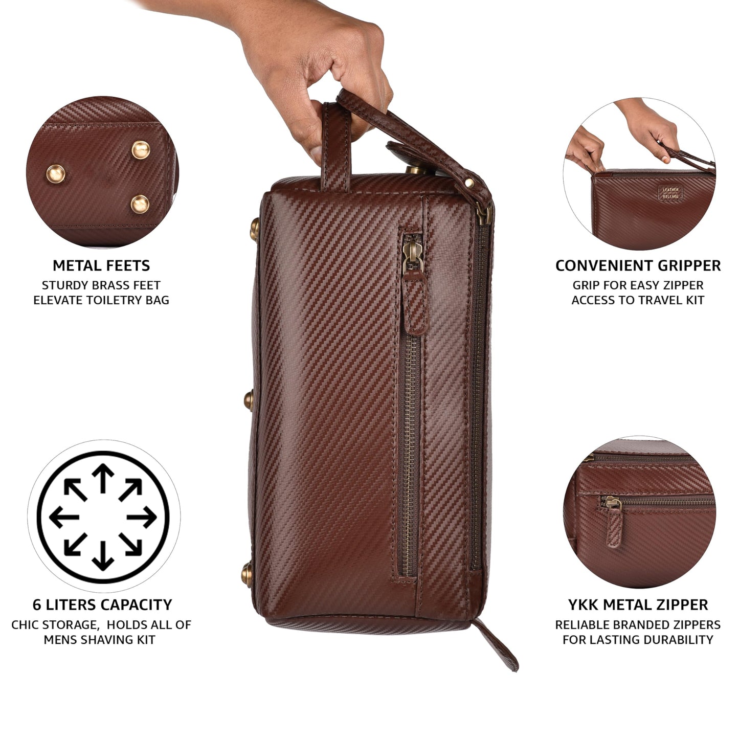 LEATHER VILLAGE Genuine Carbon Fiber Genuine Leather Travel Toiletry Bag - Large Dopp Kit, Water-Resistance Bathroom & Shaving Organizer for Men & Women - Brown