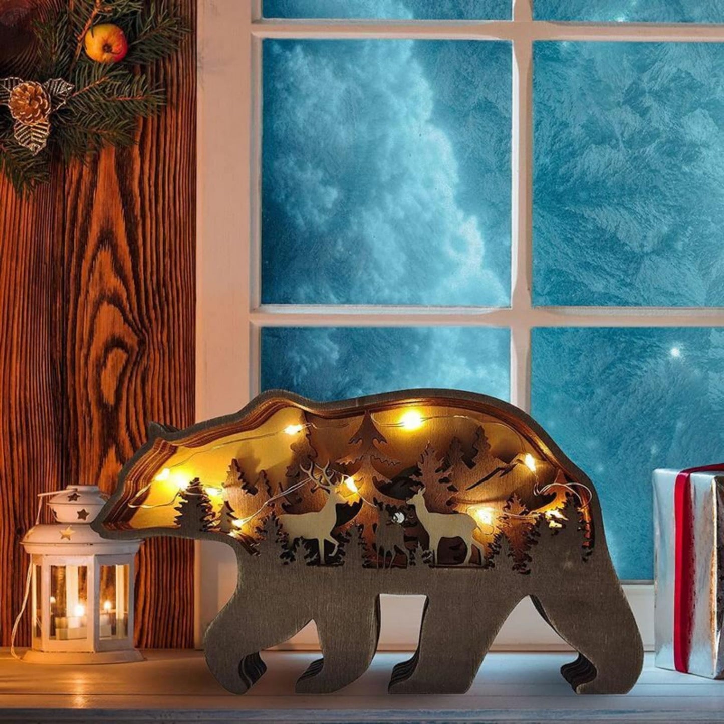3D Wood Carving Animals Lamp Home Decorative, Cute Bear Family Elephant Presents Ideas Christmas Living Room Office Decor Warm LED Night Lights Gift for Friend Daughter Son Mom Dad (Forest Bear)