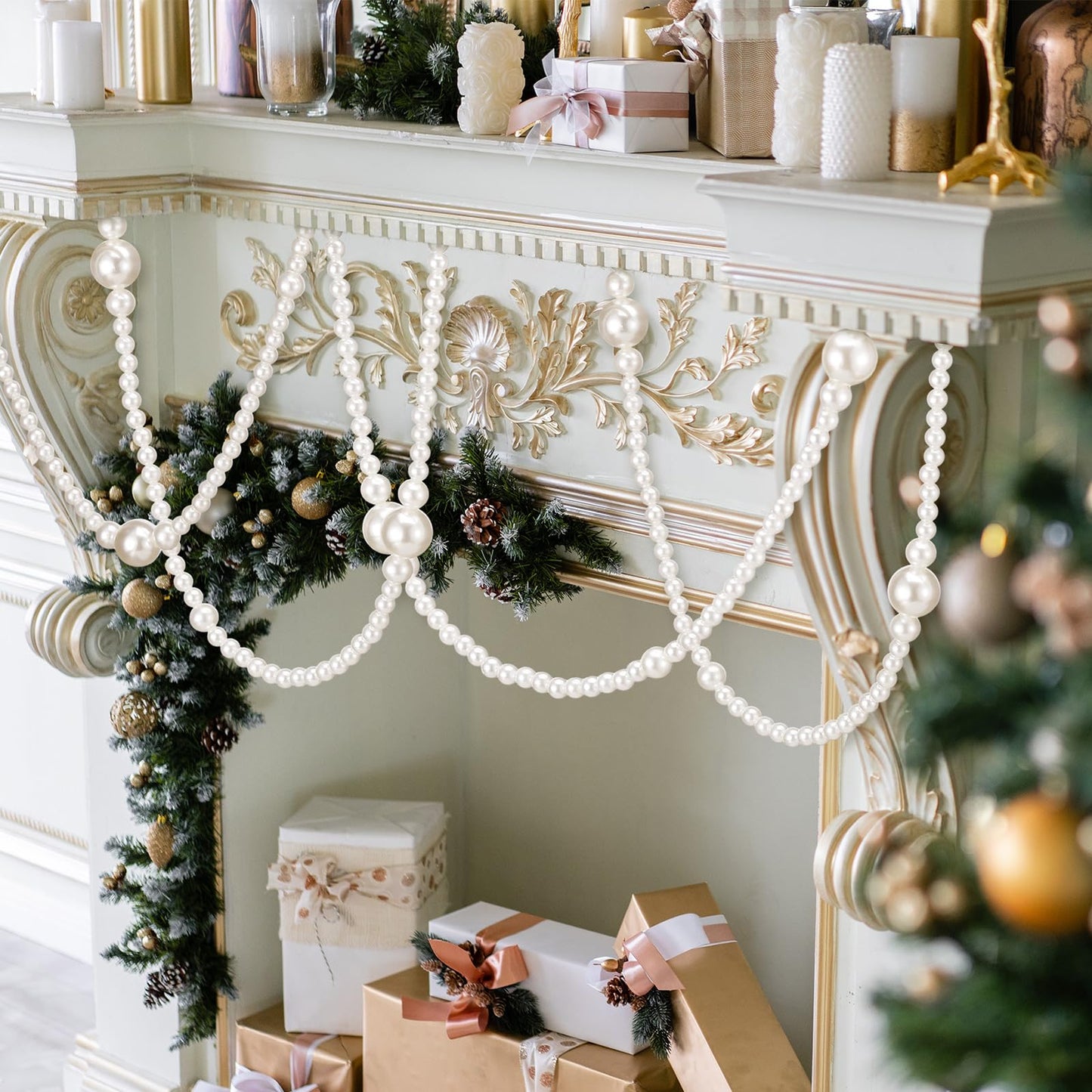 Yalikop 11.8 ft Beige Faux Pearl Beads Garland for Tree Pearl Decoration for Party Large Garland Strand Chain Wedding Decoration for Mantel Fireplace Stairs Wedding Centerpieces Party Favor