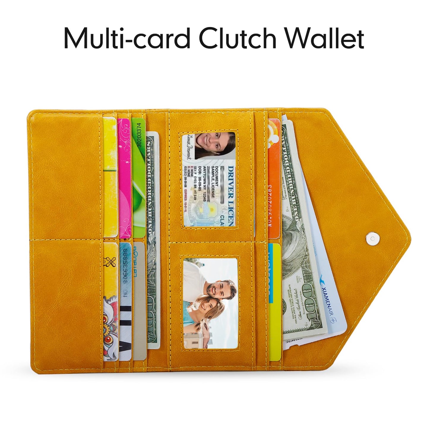 HAWEE RFID Credit Card Holder Wallets, Envelop Style, Vegan Leather, 2 ID Windows, 1 Coin Pocket, Long Clutch, Ginger