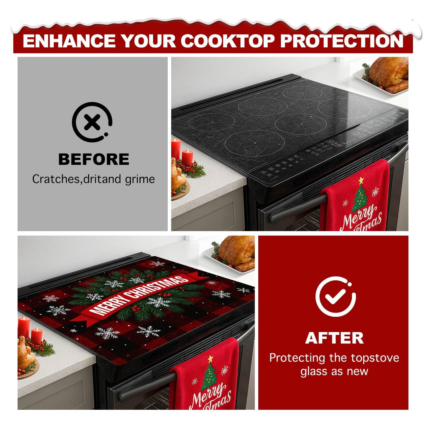 HOMETITUTE Glass Top Stove Cover Christmas Cooktop Protector 28x20 Inch Heat Resistant Silicone Stovetop Mat Holiday Kitchen Counter Cover Buffalo Plaid Snowflake Design