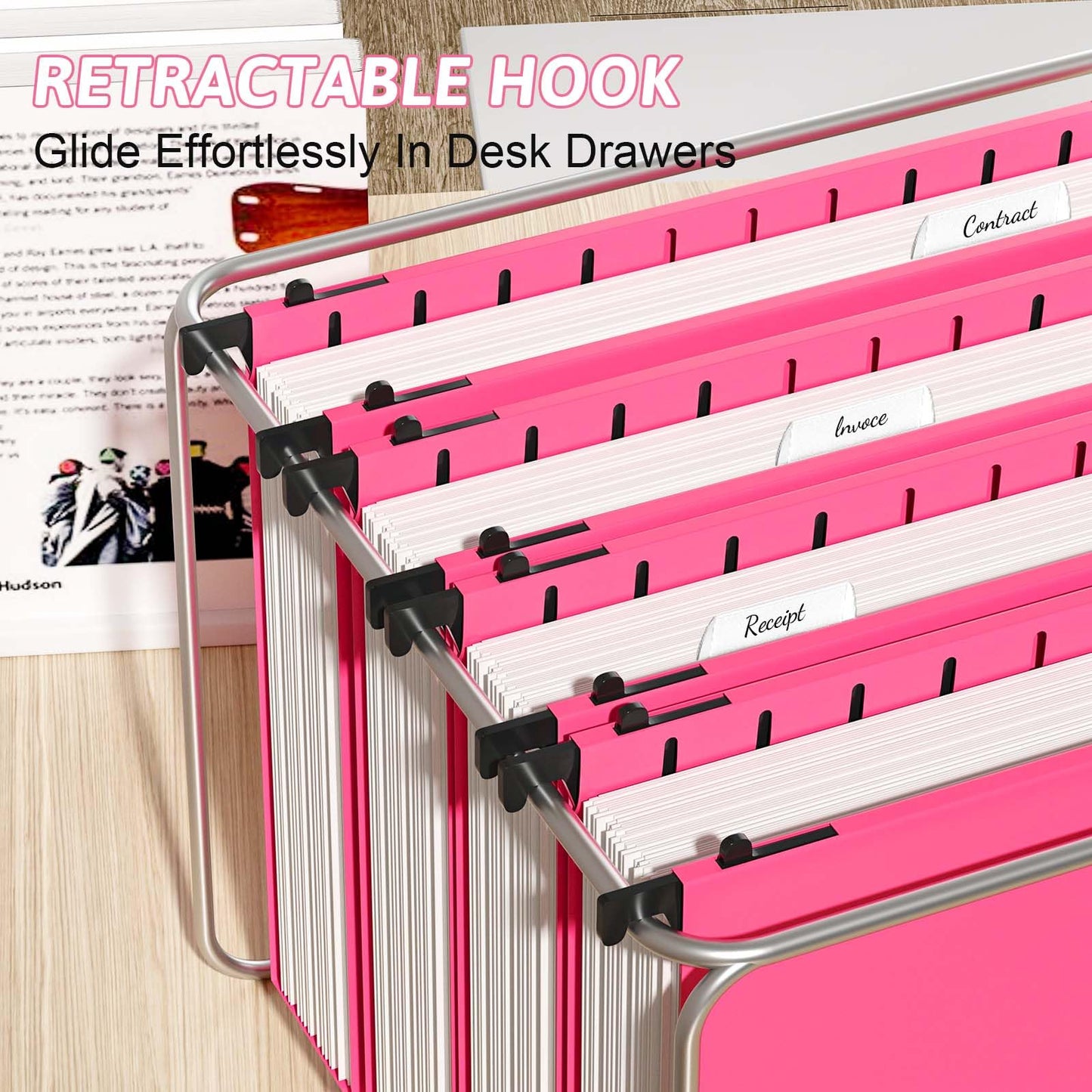 Nordun Extra Capacity Plastic Hanging File Folder Letter Size,12 Pack Reinforced Hang Folders with Heavy Duty 2 Inch Expansion,Pink Hanging File Folder Designed for Bulky Files