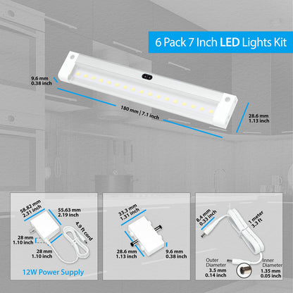 EShine Hand Wave Activated Under Cabinet LED Lighting Kit, Dimmable, 6-Pack 7 in - Touchless Dimming Control, White Under Counter Lights for Kitchen, Garage, Office, Desk - Warm White (3000K)