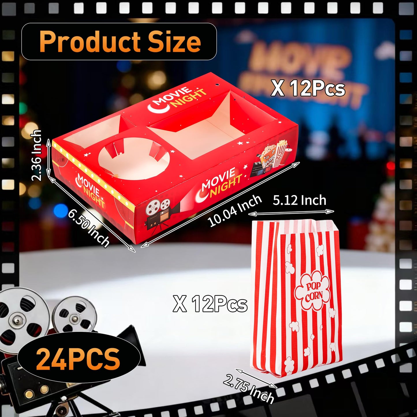 RAYMEA 24Pcs Movie Night Supplies Disposable Paper Movie Snack Trays (12ct) and Retro Style Large Capacity Popcorn Bags(12ct), Drink & Candy Snack Boxes for Cinema Family Birthday Parties