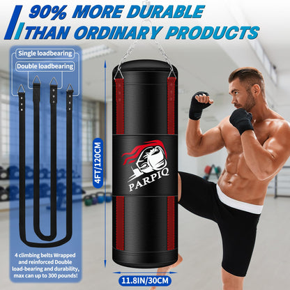 4FT Hanging Punching Bag for Adults, New Upgrade Heavy Unfilled PU Boxing Bag Set with 12oz Boxing Gloves, Punch Bag for MMA Karate Kickboxing Muay Thai Training
