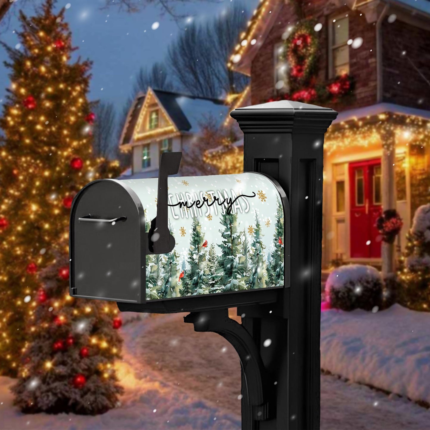 Merry Christmas Mailbox Cover - Magnetic Standard Size 18" X 21" - Christmas Dark Green Pine Trees Cardinal Birds Snowflake Mailbox Cover Decor for Home Garden Yard Post Letter Box
