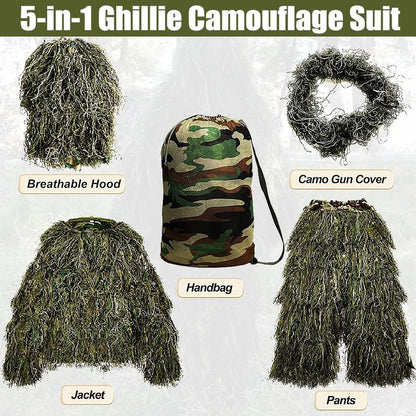 MOPHOTO 5 in 1 Ghillie Suit 3D Camouflage Hunting Suits - Jacket, Pants, Hood, Carry Bag for Youth & Adults M/L/XL/XXL