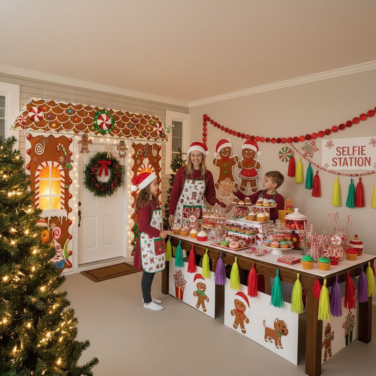 Christmas Gingerbread Door with lights Cardboard Cover Decorations,Gingerbread House Candy Porch Banner Sign for Xmas Holiday Classroom Office Home Party Decor