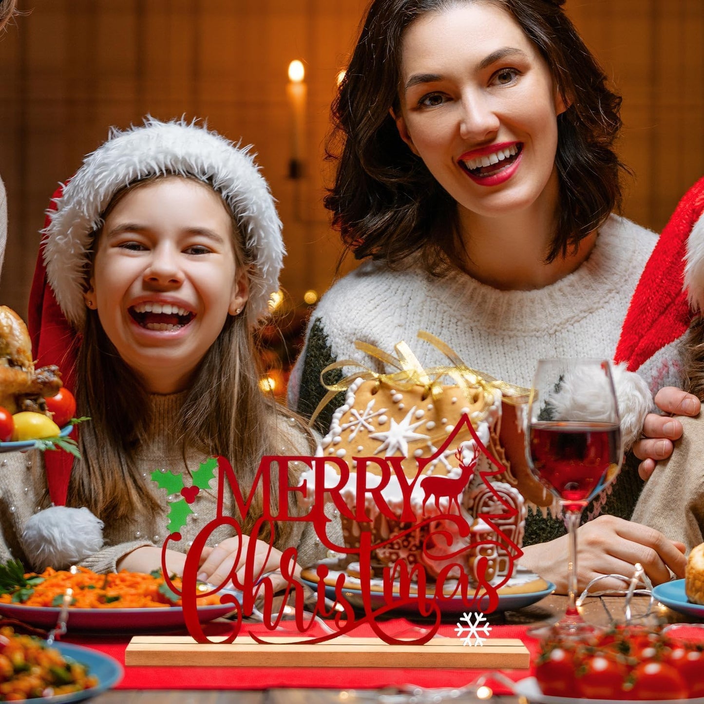 Metal Merry Christmas Table Sign Xmas Tabletop Centerpiece with Wooden Base Freestanding Rustic Tiered Tray Decor for Home Mantel Shelf Fireplace Decoration (Red)