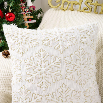 Emvency Christmas Throw Pillow Covers 18x18 Set of 2, White Golden Snowflakes Decorative Pillow Cases Soft Plush Faux Fur Wool Couch Cushion Case for Couch Bed Sofa Living Room Home Decor