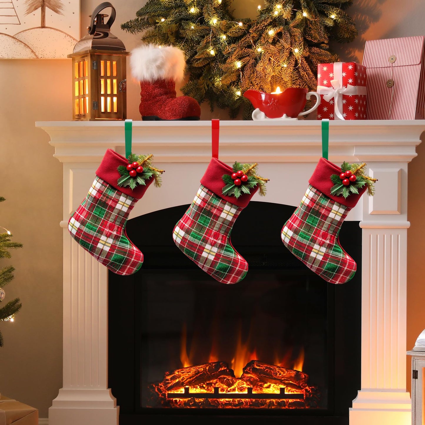 JarThenaAMCS 4Pcs Christmas Stocking Holders Metal Hanging Hooks Ornament Fireplace Mantel Hanger for Xmas Holiday Party Decorations (Red and Green)