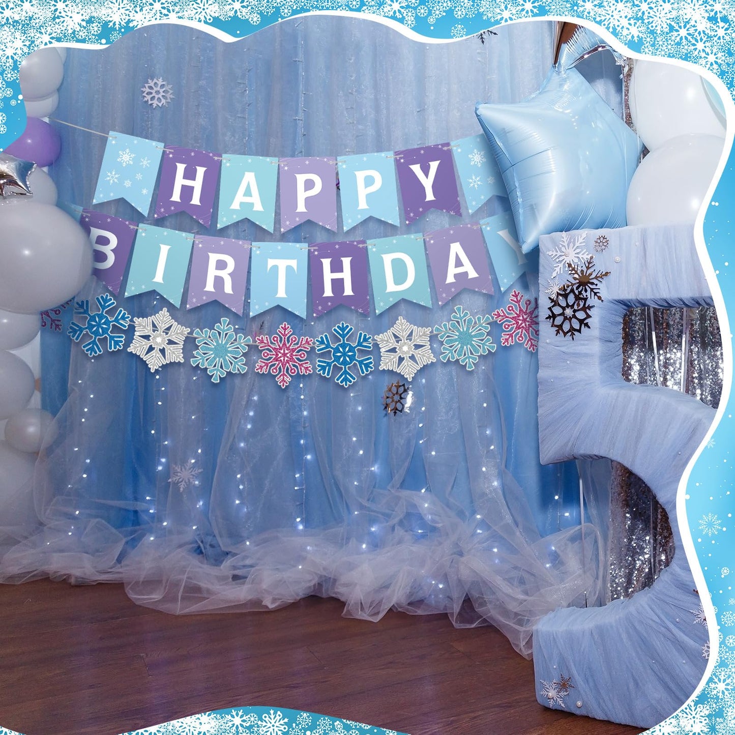Fanfanwin 5 Pcs Snowflake Happy Birthday Banner Blue Snowflake Banner with Felt Castle Decorations Winter Holiday Party Decorations for Birthday Christmas