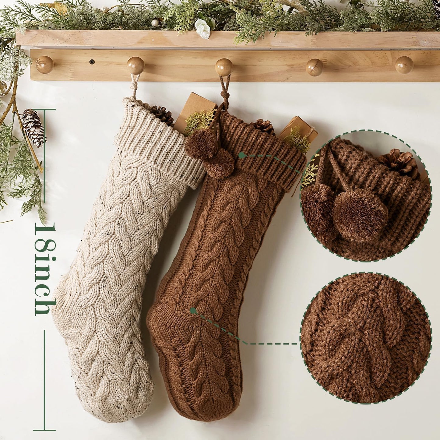 Farmhouse Knitted Personalised Christmas Stockings: 4 Pack 18 Inch Rustic Neutral Cable Knit Fireplace Stockings, Rustic Cozy Hanging Xmas Stocking Decorations for Family Holiday Décor, Earth Tones