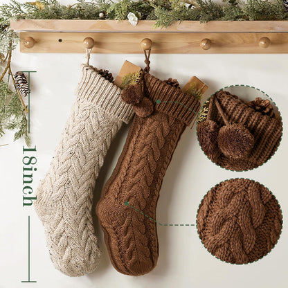 Farmhouse Knitted Personalised Christmas Stockings: 4 Pack 18 Inch Rustic Neutral Cable Knit Fireplace Stockings, Rustic Cozy Hanging Xmas Stocking Decorations for Family Holiday Décor, Earth Tones