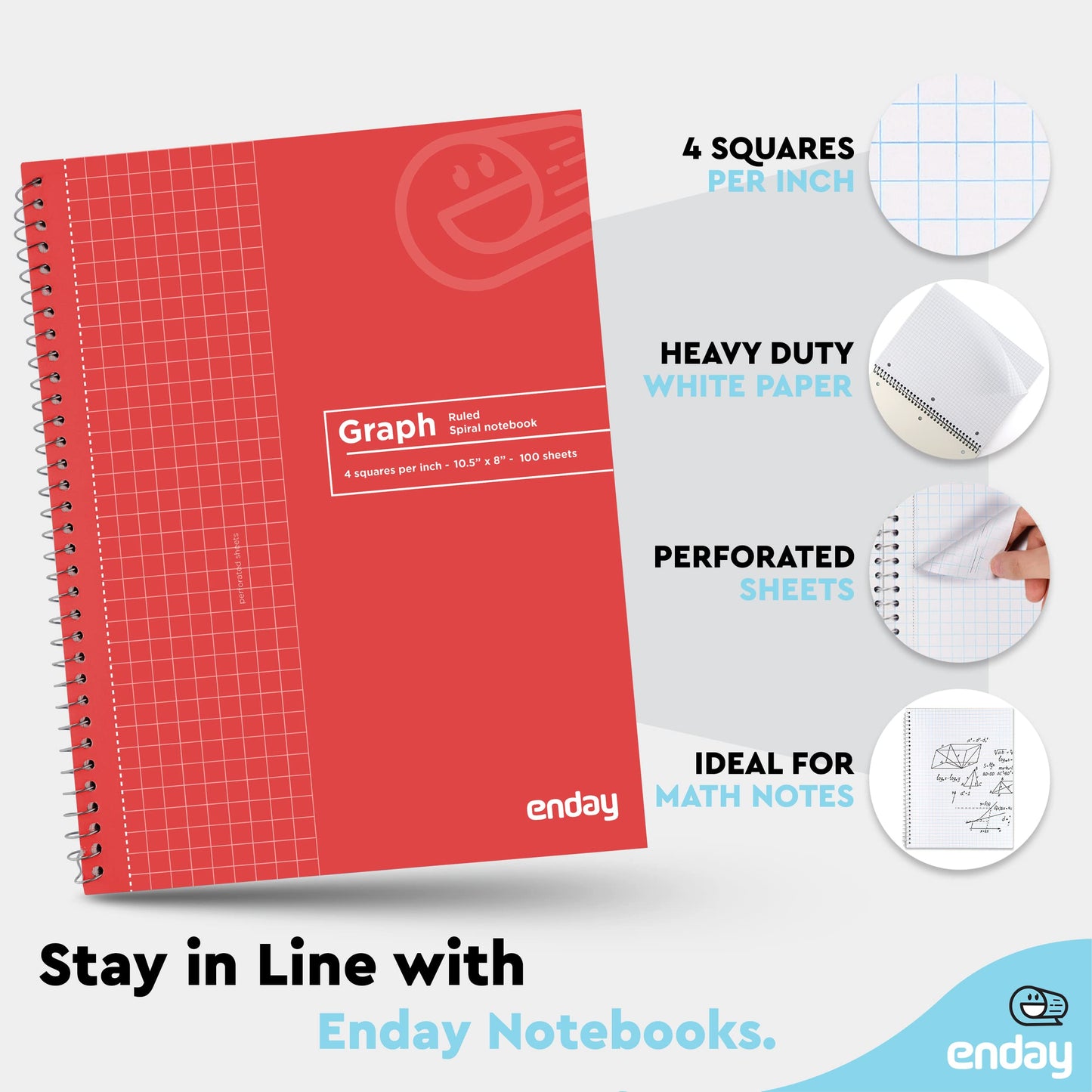 Emraw Graph Paper Notebook (4 Pack) Grid Notebook, Graph paper spiral notebook, Graph notebook, 4 Squares per inch Grid paper notebook, White Paper Quad Ruled Spiral Assorted Colors - by Enday