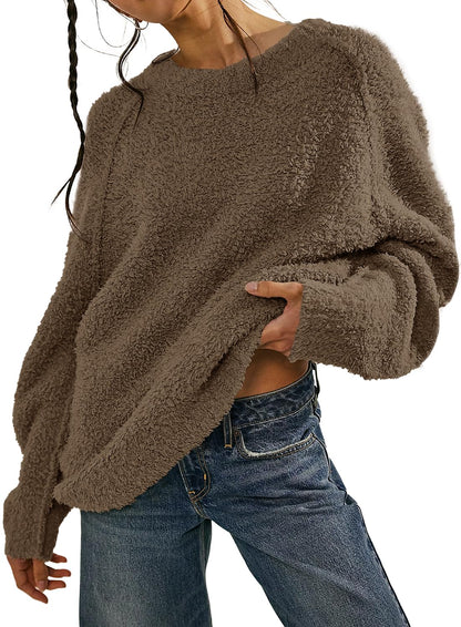 Beaully Women's Oversized Long Sleeve Crewneck Fuzzy Knit Warm Sweaters 2025 Fall Pullover Sweater Tops