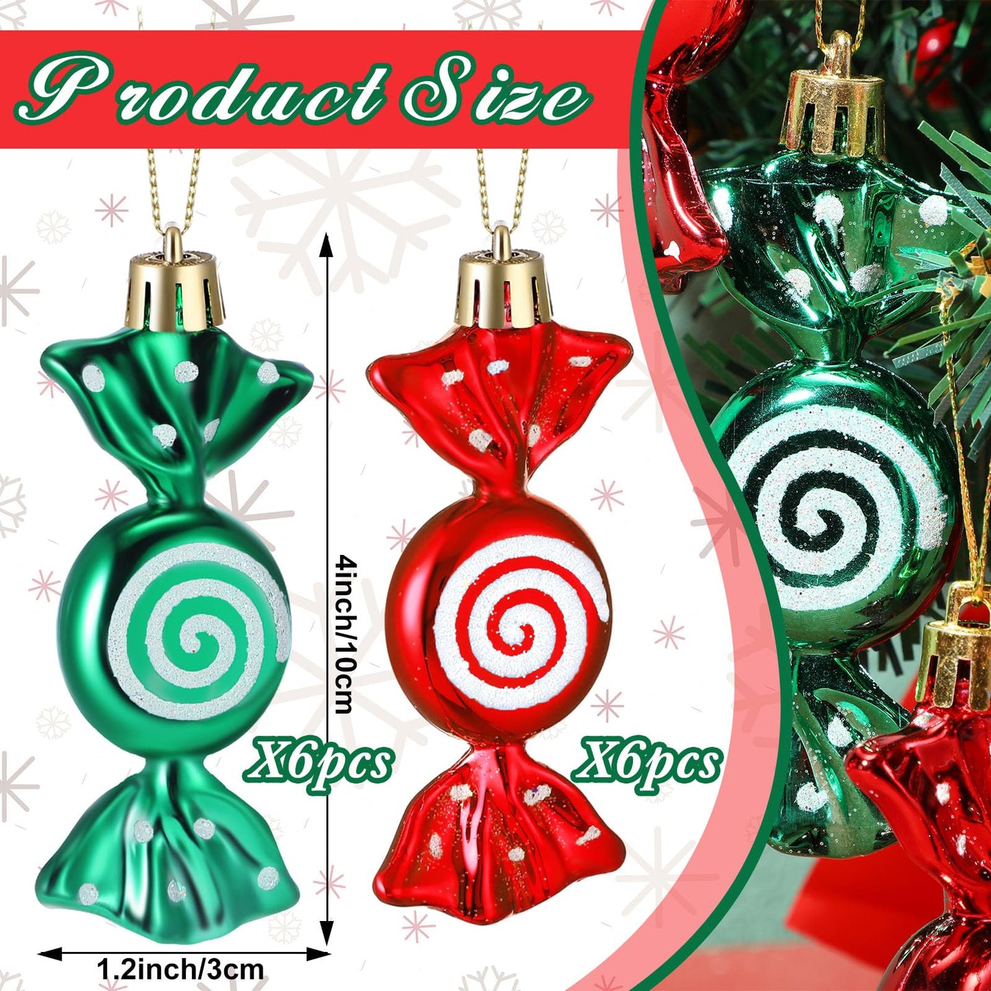 Threan 12 Pcs Christmas Candy Ornaments for Tree Decoration Hanging Glitter Candy Cane Christmas Peppermint Ornament with Golden Rope for Xmas Holiday Decoration(Red, Green,Plastic)